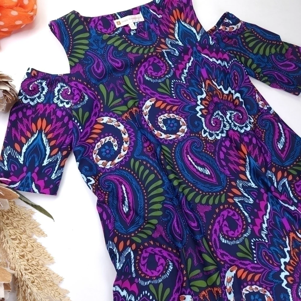 New Jude Connally Anthropologie Purple Blue Cold Shoulder Dress Sz Xs - Picture 3 of 13